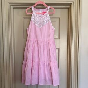Lilly Pulitzer Bright Pink Seersucker Girls Dress with Lace Detail